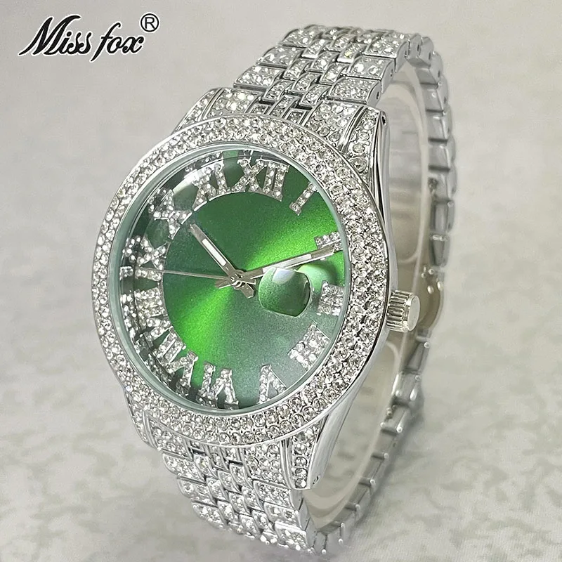 MISSFOX Iced Watch For Men Luxury Diamond Fashion Quartz Wristwatches Automatic Date Green Waterproof Clock Free Shipping Reloj