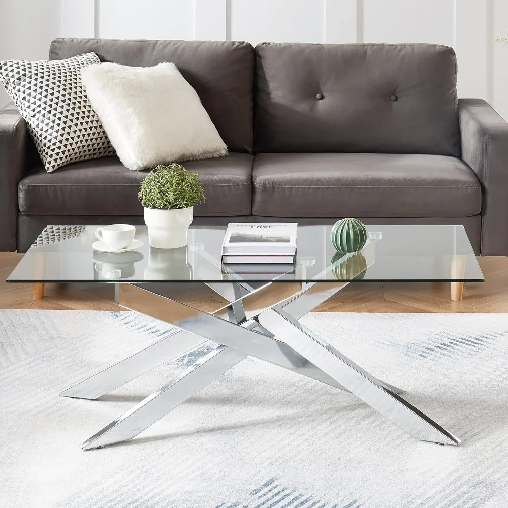 Rectangle Modern Coffee Table, Tempered Glass Top and Metal Tubular Leg, 47.3”Lx23.6”Wx18.1”H,  glass coffee table 3