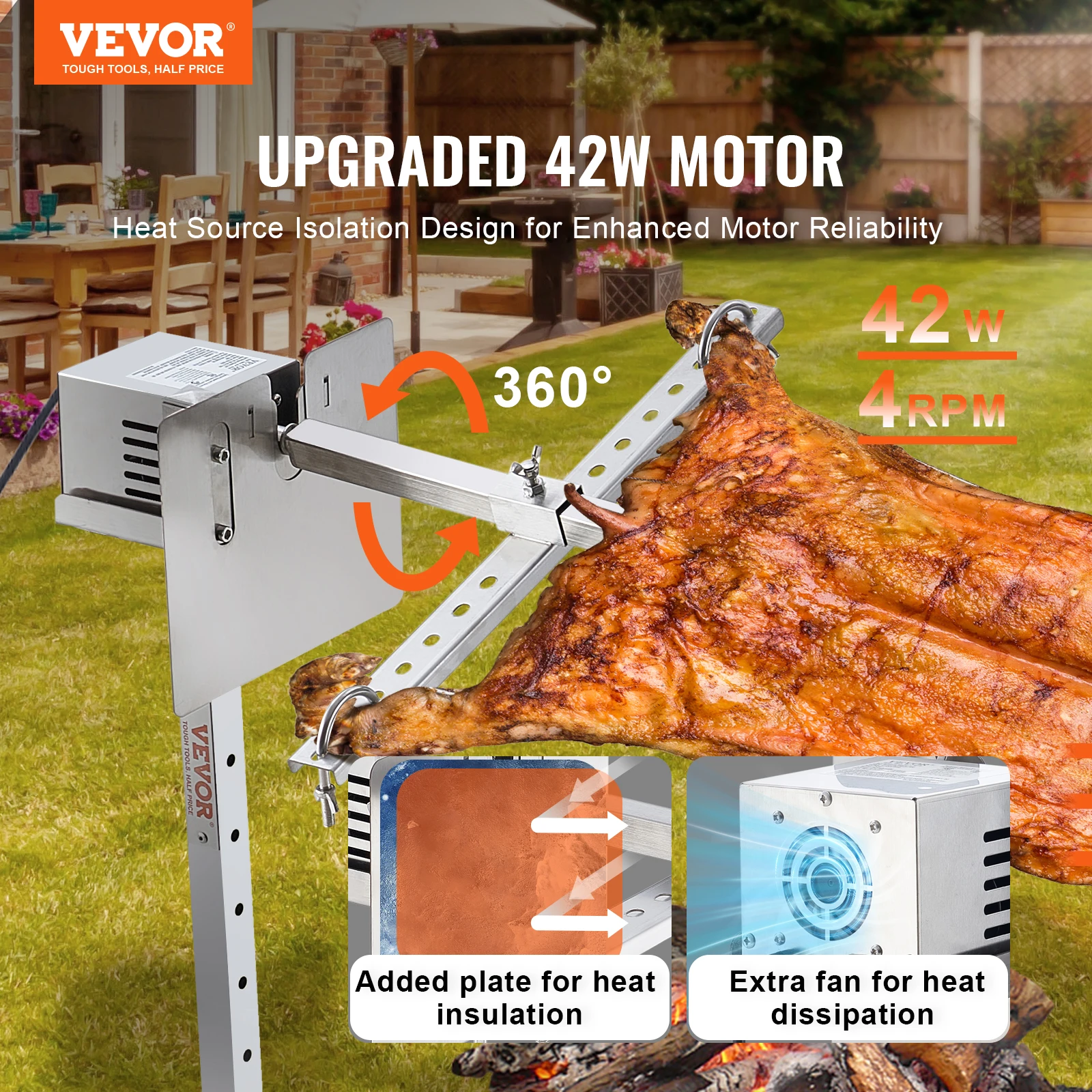 VEVOR Electric BBQ Rotisserie Grill Kit Automatic 42W Motor Height Adjustable Universal Roaster Stand Spit Rod with Heat Shield 2