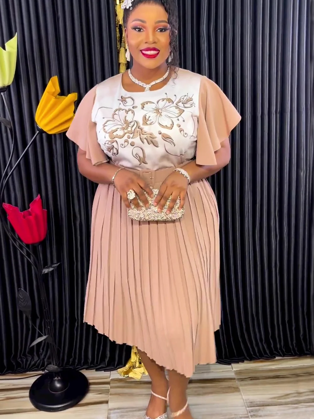 Elegant African Dresses for Women Ruffle Sleeve Africa Clothing