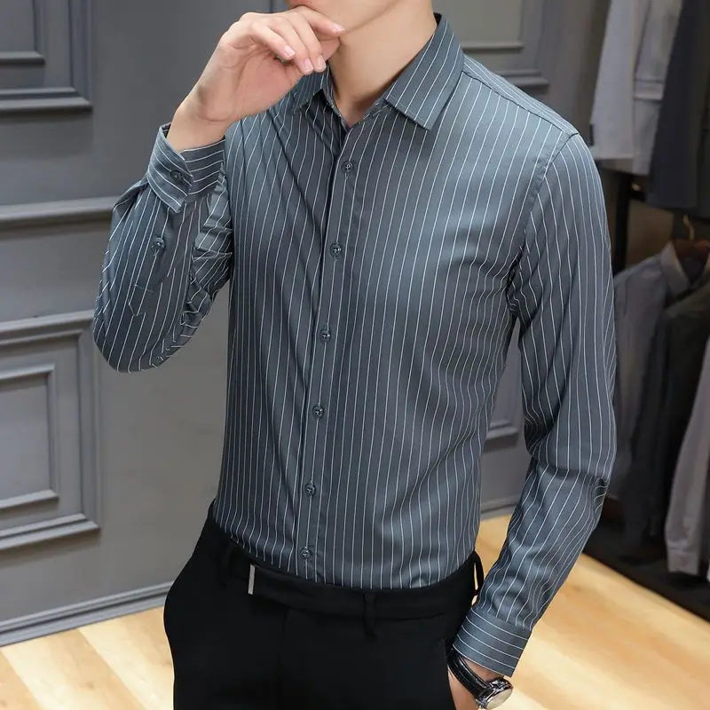 

Spring Autumn Trendy Fashion High-end Male Blouse Long Sleeve Casual Chic Shirt Loose Drape Stripe All Match Top Men C45