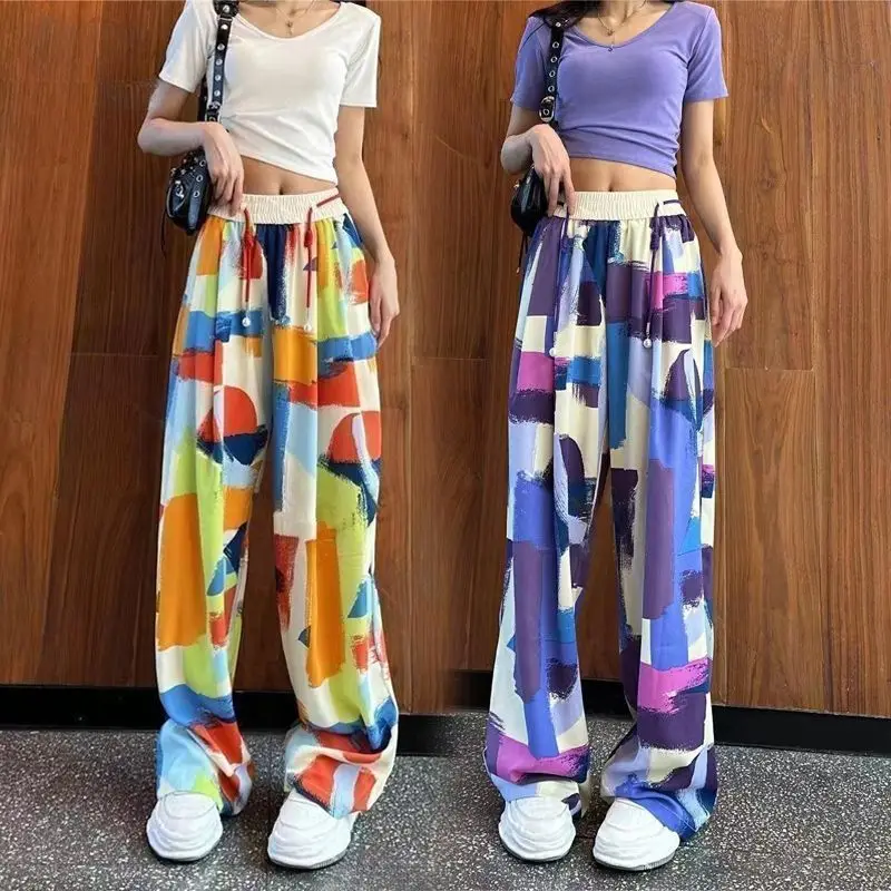 2024 Summer New Women's Printed Korean Beachy Loose Elasticized High-waisted Drawstring Fashion Straight Casual Wide Leg Pants