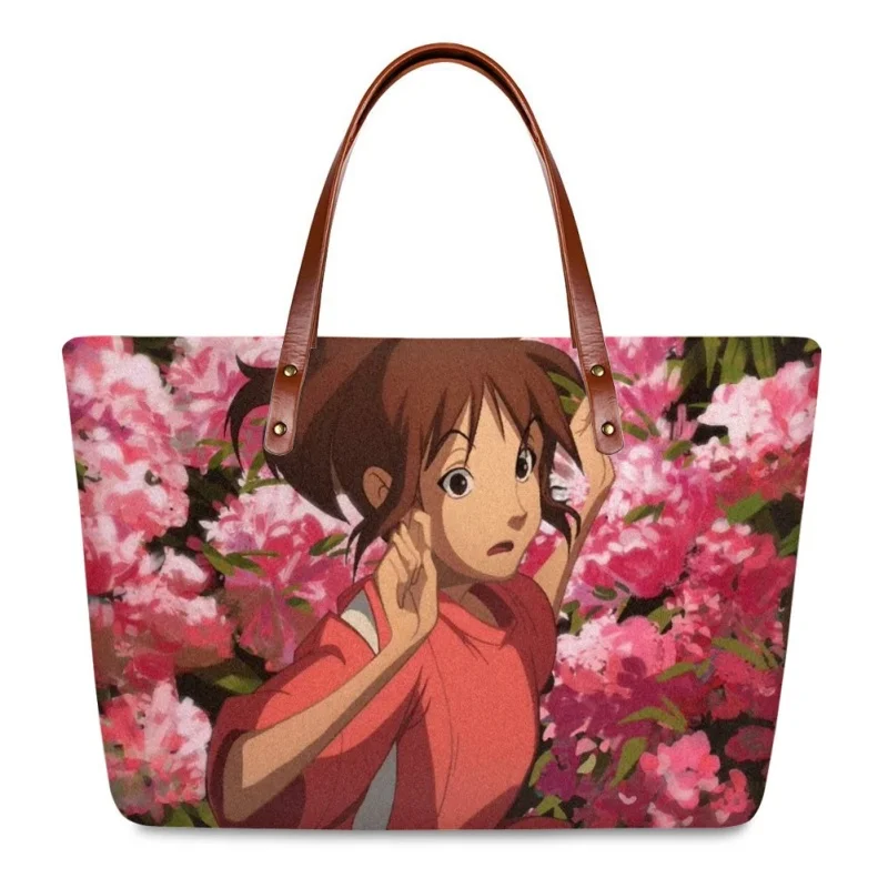 

Fashion Anime Spirited Away Print Shoulder Bags Pink Travel Handbags Durable Shopping Bag For Women Youth Girls Bolsos De Lujo