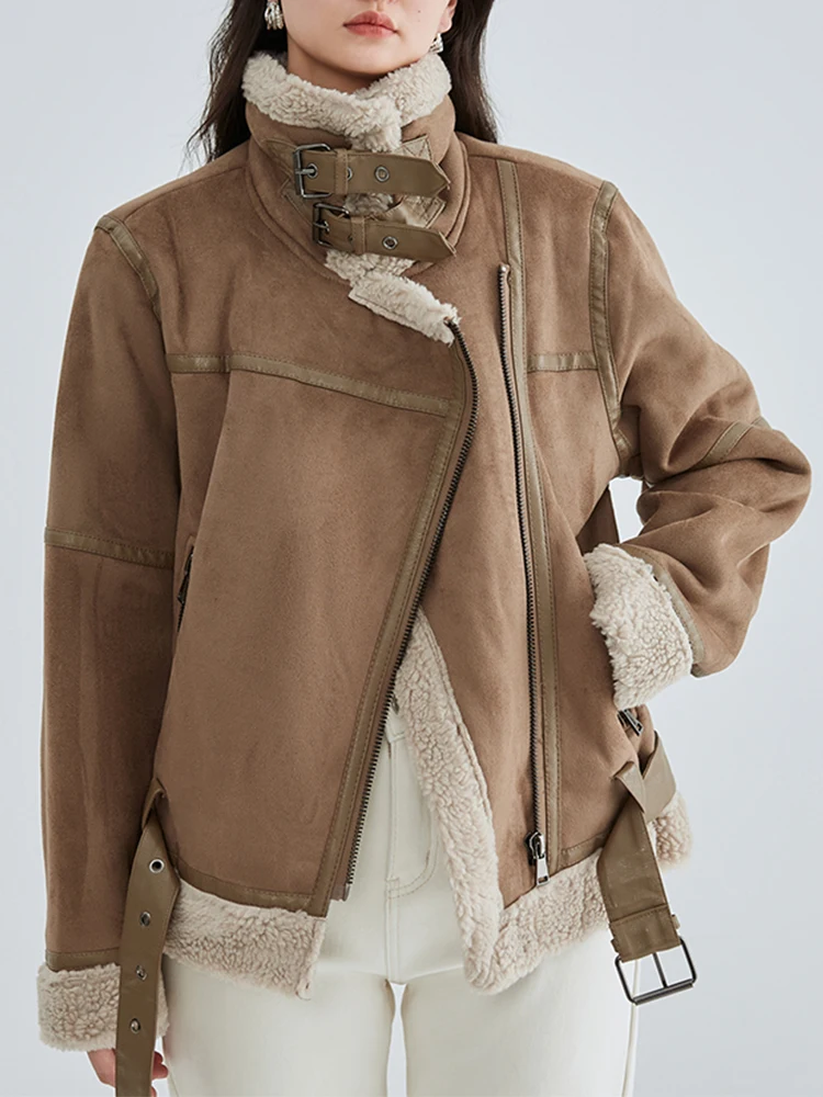 

FTLZZ New Autumn Winter Fashion Thick Warm Vintage Suede Lamb Jacket Women Streetwear Turn-down Collar Zipper Fur Coat with Belt