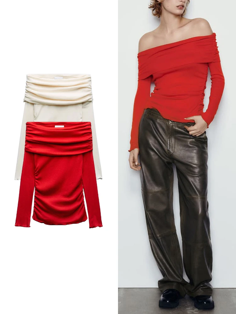 TRAF Women's Sexy Strapless Short Top Long Sleeve Pleated T