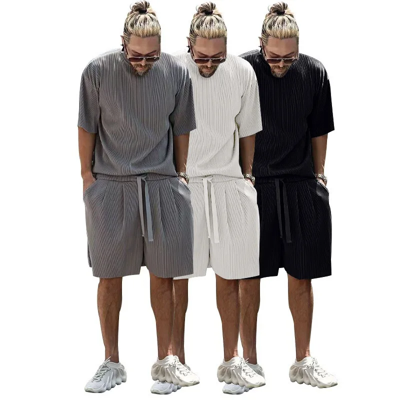 

2023 Summer Mens Suits Ice Pit Stripe Loose Set Short Sleeve Shorts Solid Color Mens Casual Set