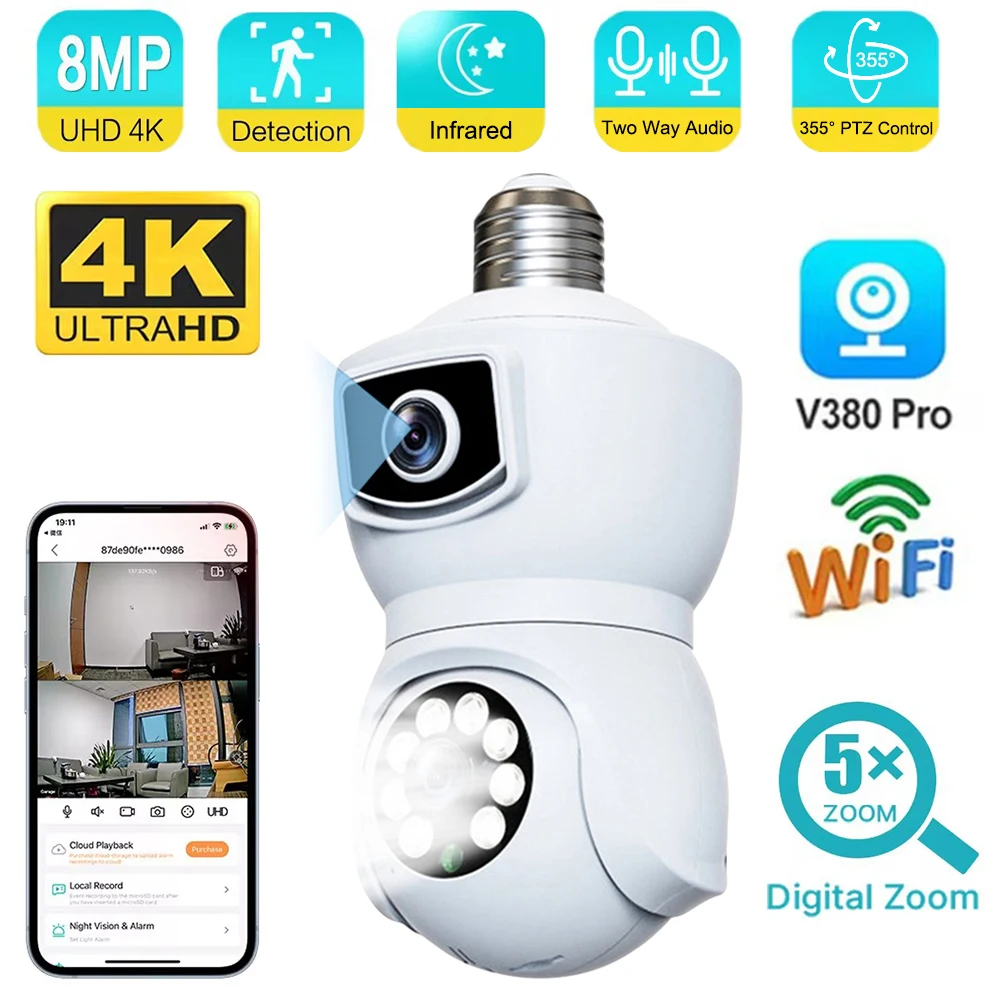 8MP CCTV Wireless Bulb Camera 4K Dual Lens Auto Tracking PTZ Camera Color Night Vision Audio Security Surveillance Camera 64GB 2