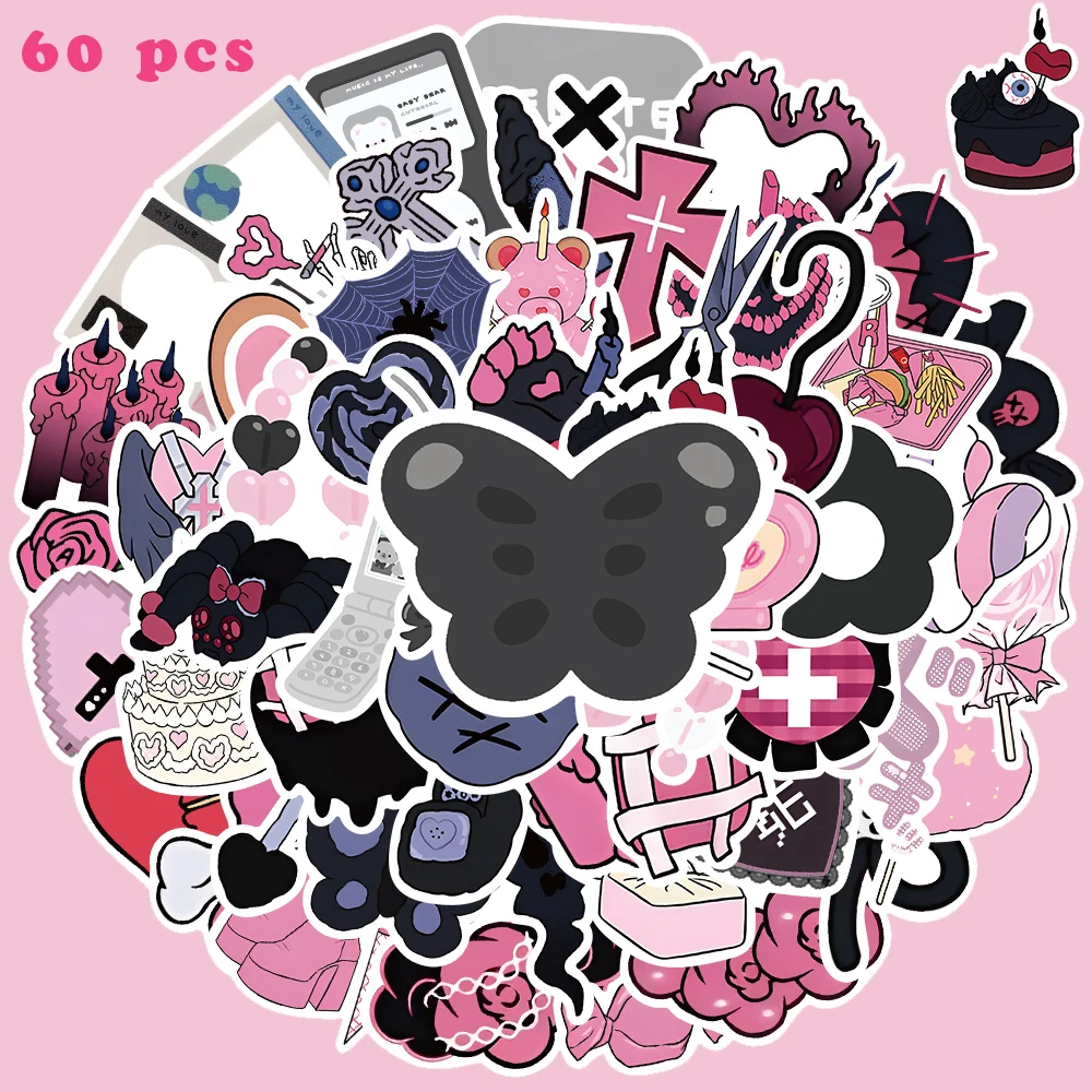 60pcs Pink Girl Heart Dark Laurie Style Stickers Graffiti Decals for Suitcase Scrapbook Guitar Phone Cars Notebook Stickers 1pc vintage heart shape metal mini padlock bag suitcase luggage box key lock multicolor padlock for bags