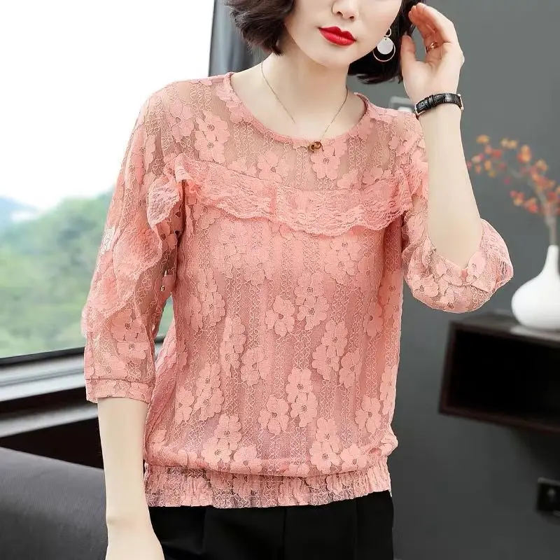

Fashion O-Neck Ruffles Lace Hollow Out Blouse Women's Clothing 2023 Summer New Casual Pullovers Loose Office Lady Shirt
