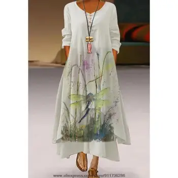 2021 여름 여성 가운 플러스 사이즈 미디 드레스, 긴 소매 원피스 드레스, 잠자리 꽃 인쇄 여성복