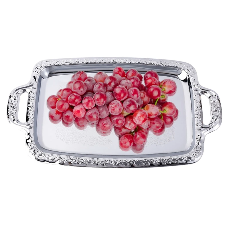 H55A Luxury Stainless Steel Storage Tray with Handle Cosmetic Jewelry Display Plate Hotel Restaurant Serving Dish Silver 5
