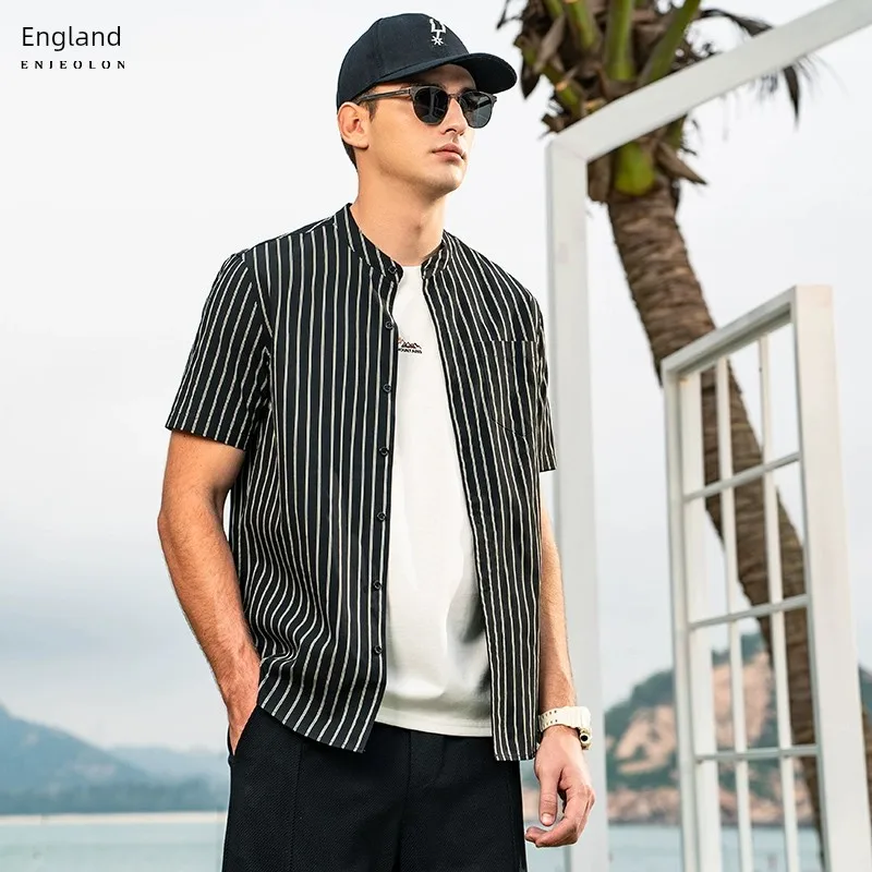 

Yingjuelun Trendy Brand Striped Men's Short Sleeved 2024 Summer New Stand Up Neck Shirt Youth Handsome Thin Coat