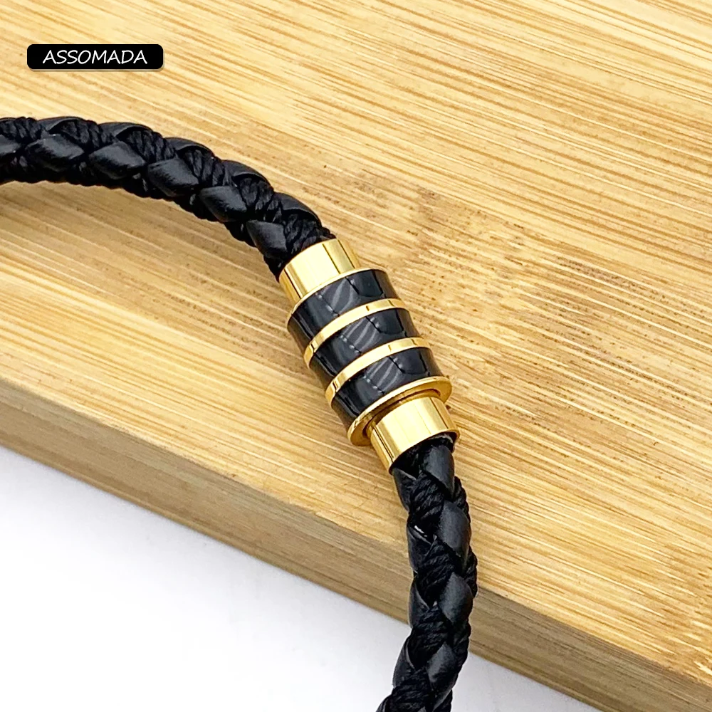 Dark Brown Yellow Spacer Pu Leather Braided Electroplated