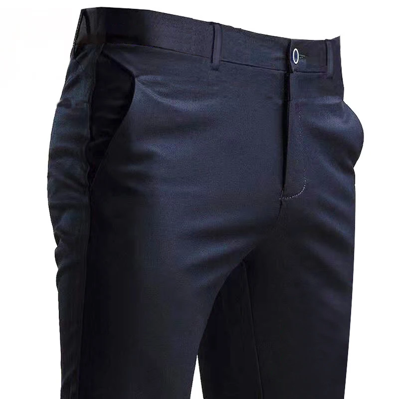 Men's Suit Pants Stretch Smart Casual Trousers Pocket Solid Color Straight Wearable Full Length Home Work Black Dress Pants 3