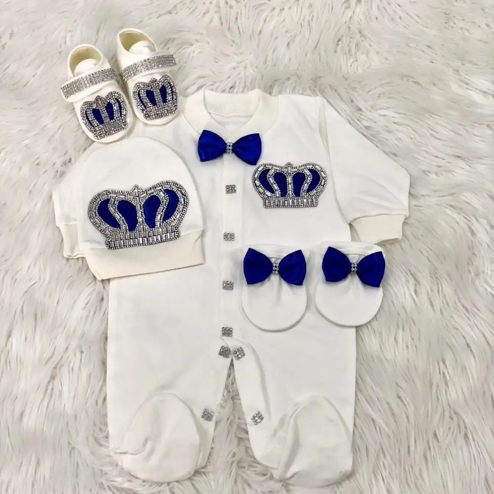 Dollbling Name Rompers Royal Blue Crown Clothing Sets with Cap Gloves
