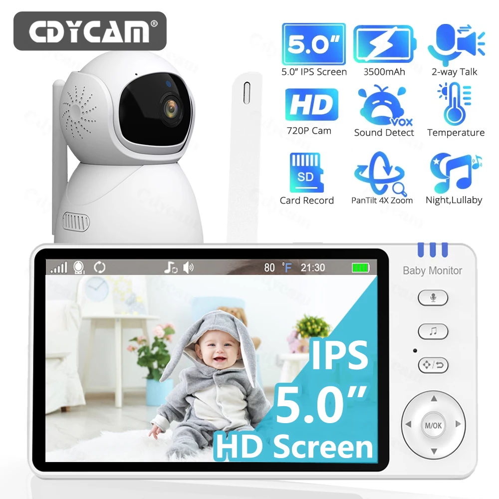 5''IPS Screen Video Baby Monitor Pan-Tilt-Zoom Camera Electronic Babysitter 2-Way Talk Night Vision Temperature lullaby SD Card video baby monitor
