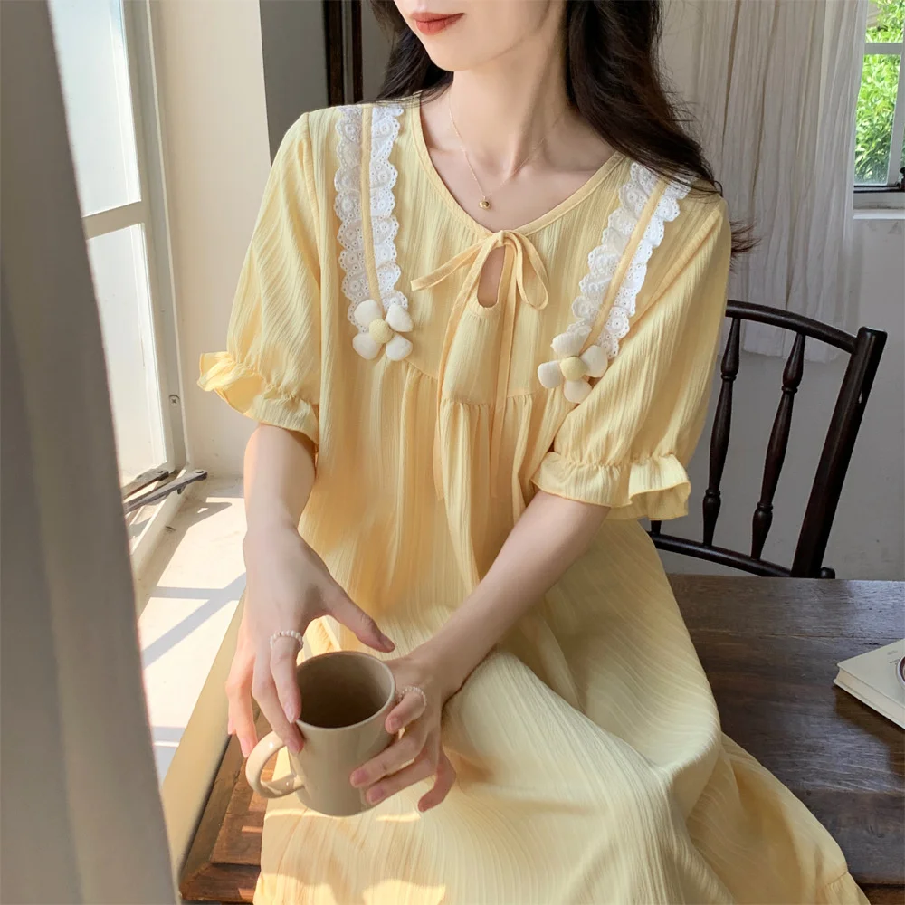 Summer Womens Nightgown Lace Short Sleeve Sweet Princess Nightdress Pajamas Sleepshirt Fairy French Home Dress Nighty Nightwear