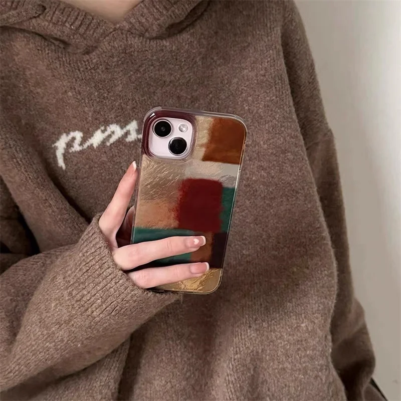 Retro Brown & Red Color Blocked Phone Case with Fur Ball Chain Decor