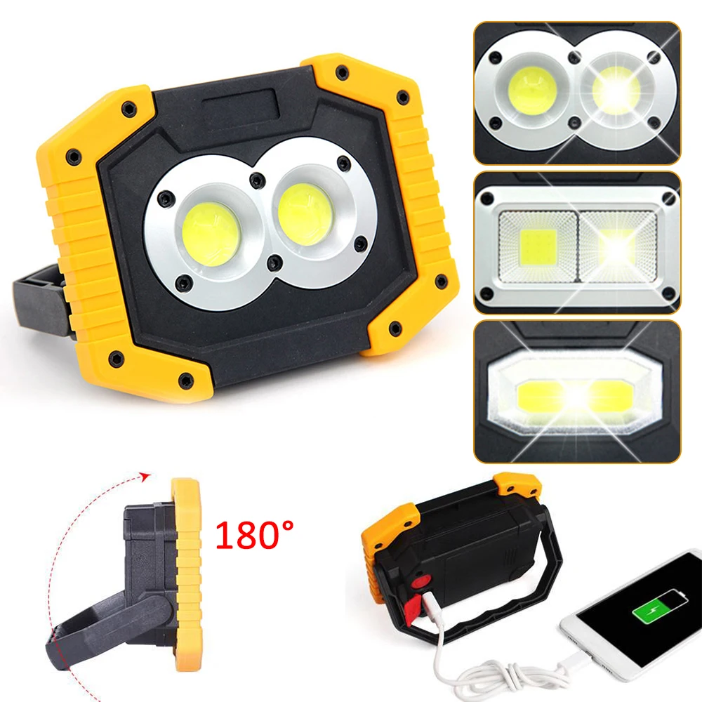 휴대용 COB LED 투광 조명, 충전식 투광 조명, 야외 램프 손전등, 구매 옵션 18650 배터리, 20W