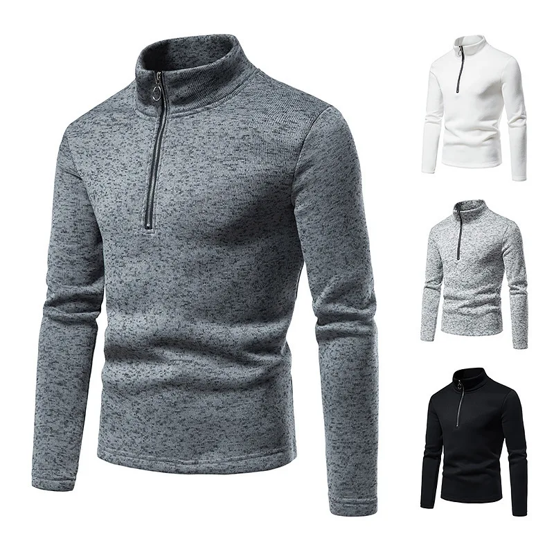 Male Autumn Winter Sweatshirts Tops Men Slim Fit Basic Turtleneck Knitted Sweater Half Zip Open High Collar Pullover  Large Size