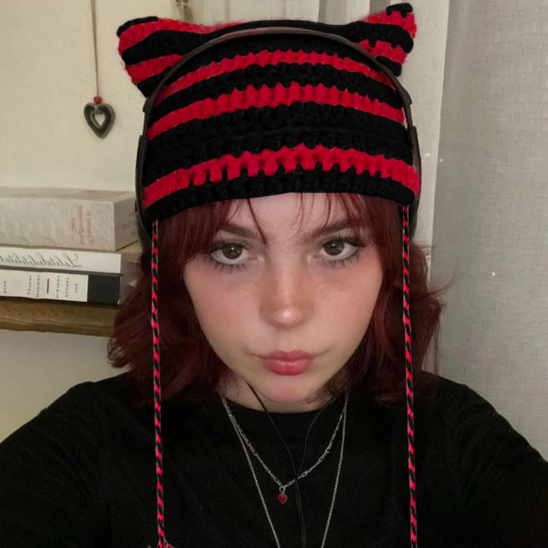 Y2k Accessories E Girls Hats Cute Cat Ear Stripe Knitted Hat 2023