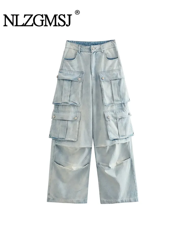 

Nlzgmsj TARF Multi-Pocket Washed Cargo Pants Y2k Retro High Street High Waist Jeans Couple Harajuku Simple Casual Wide Leg Pants