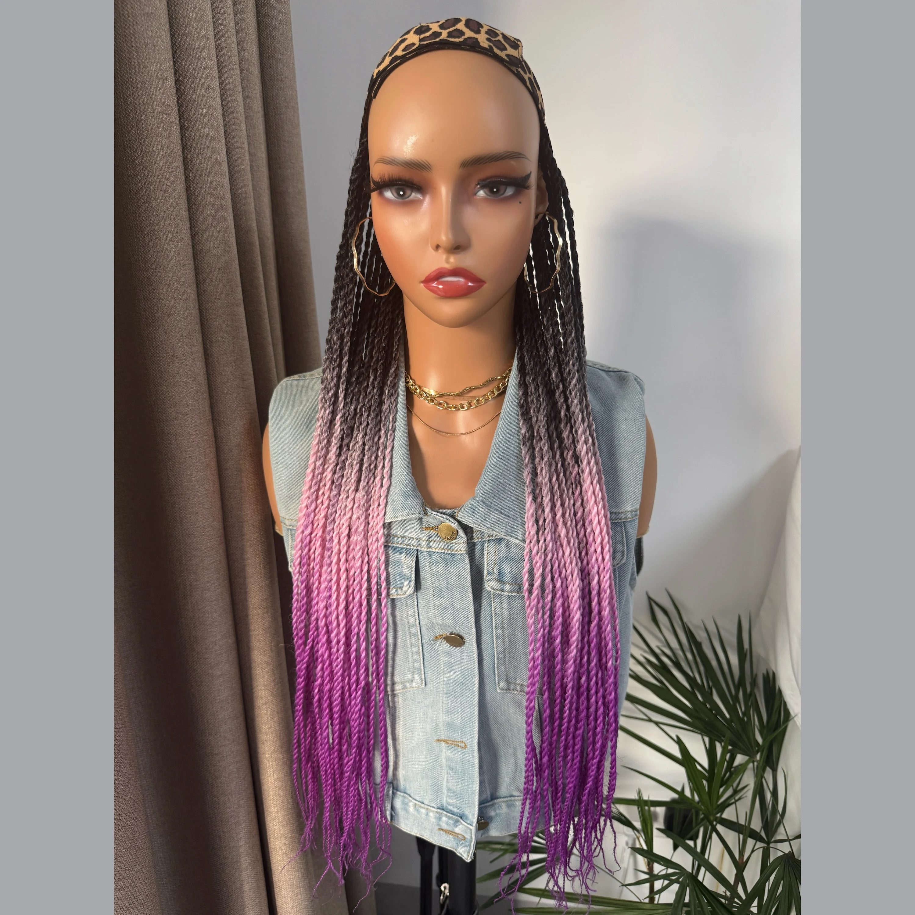 WIGERA Long 24Inch Ombre Fantasy Senegalese Twist Braided Synthetic Wig With Headband Turban Braiding Hair Extensions For Women