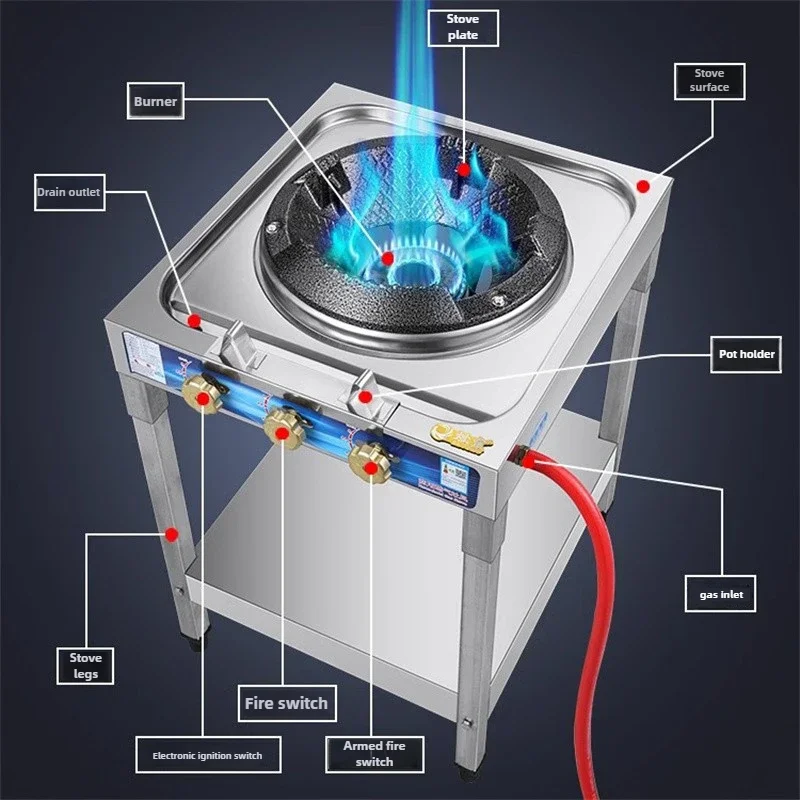 Stainless Steel Deep Sink Gas Cooktop Liquefied Gas Range with Flameout Protection Restaurant Fierce Fire Stove with Pot Rack 5