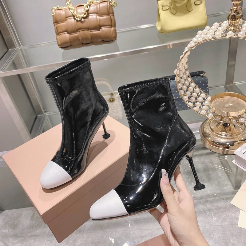 

Brand Mixed Colors Short Boots For Women New Pointed Toe High Heels Leather Ankle Boots Sexy Stiletto Slip-On Slim Booties