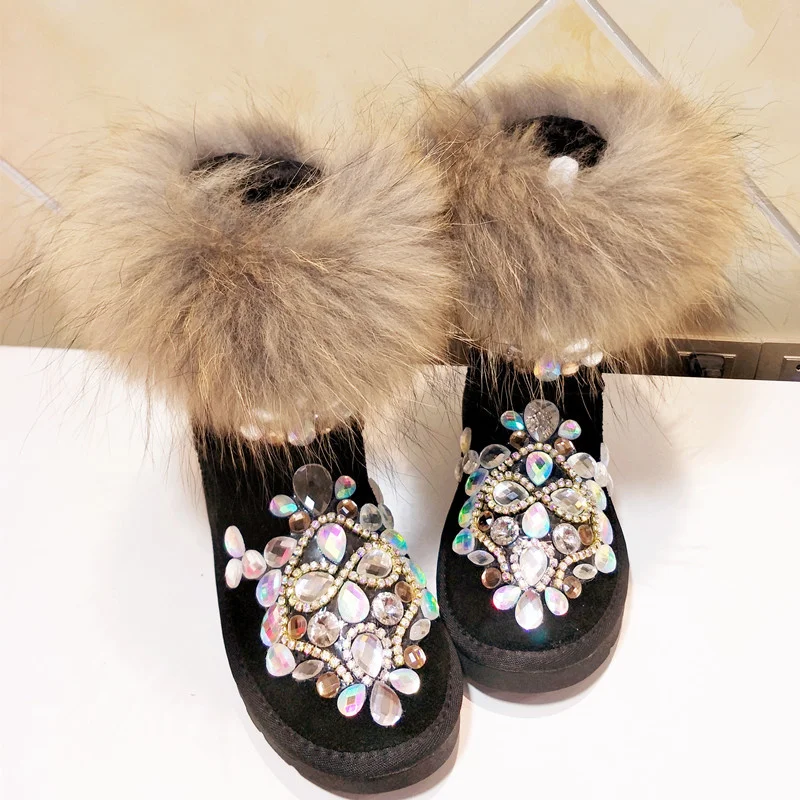 

Fox hair boots Colorful rhineshewn classic hand custom winter plus fleece warm boots fur one boot women's 35-40