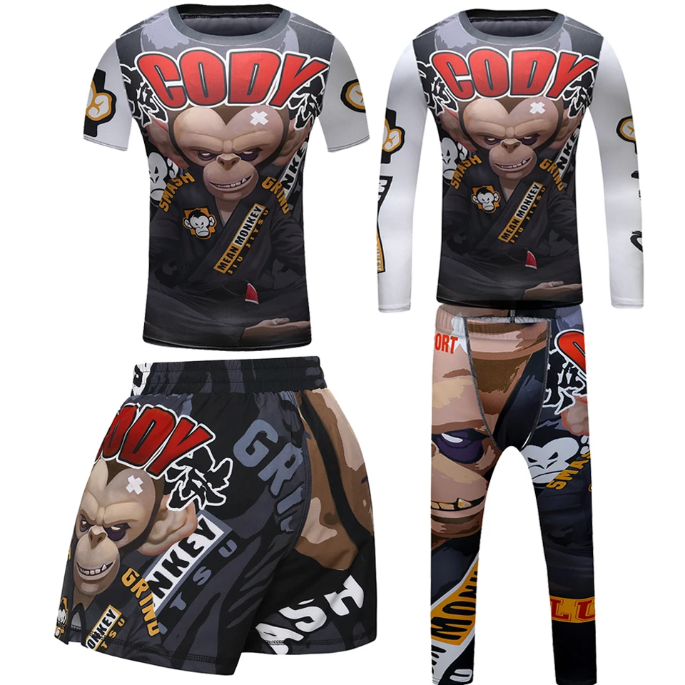 4 pçs esportes terno crianças camisa de compressão calças shorts conjunto mma rashguard jiu jusit bjj gi muay thai correndo sportsuits