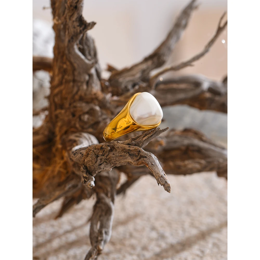 Yhpup Stainless Steel Baroque Simulated Pearls Ring for Women