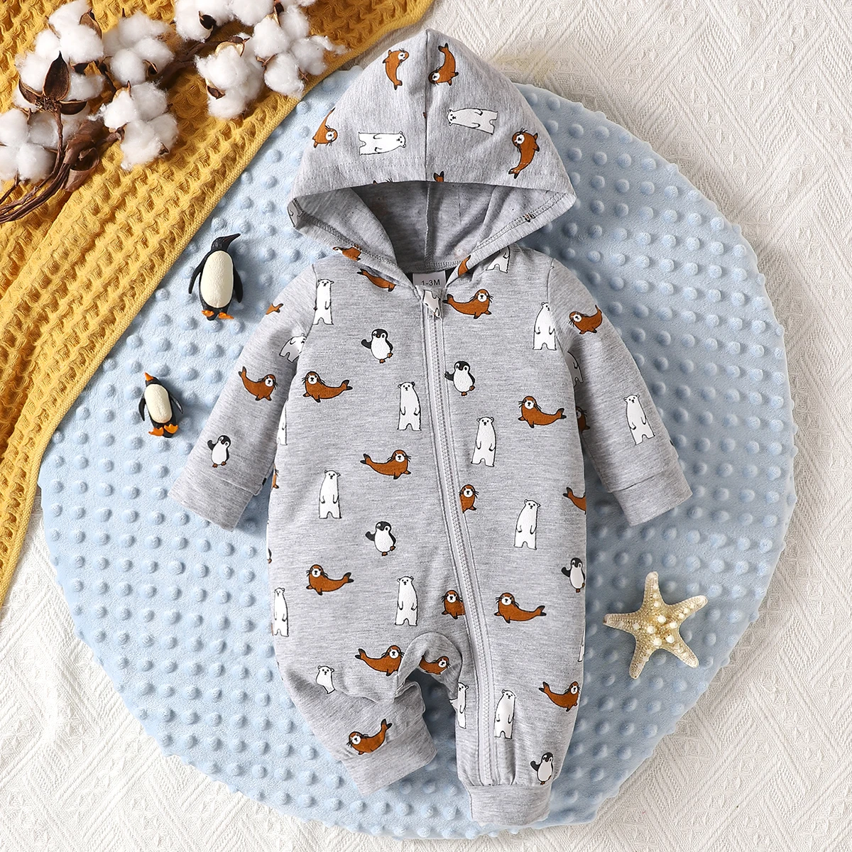 Spring Boys Jumpsuit Hooded Long Sleeved Zipper Dolphin Pattern Set Stylish Loose Newborn Infants Young Children