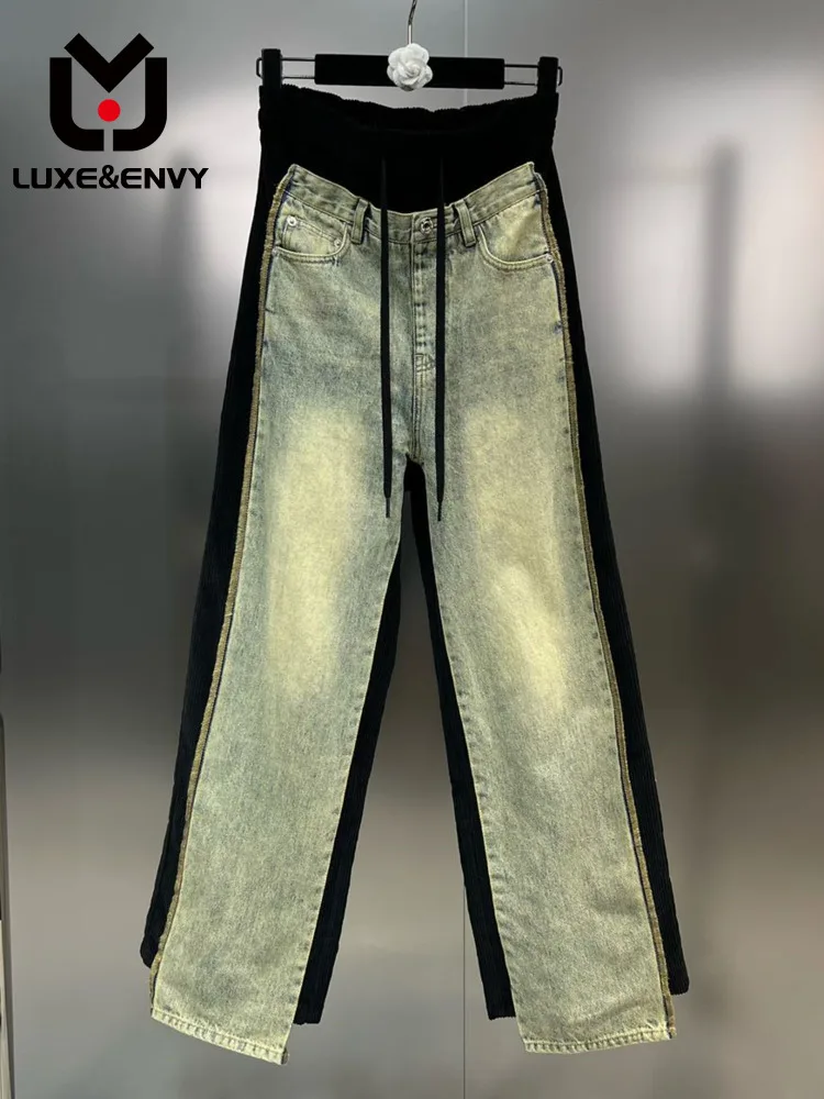 

LUXE&ENVY Online Red Grapefruit Drawstring Denim Spliced Stripe Fake Two Piece Designer Small Straight Trousers 2023 Autumn