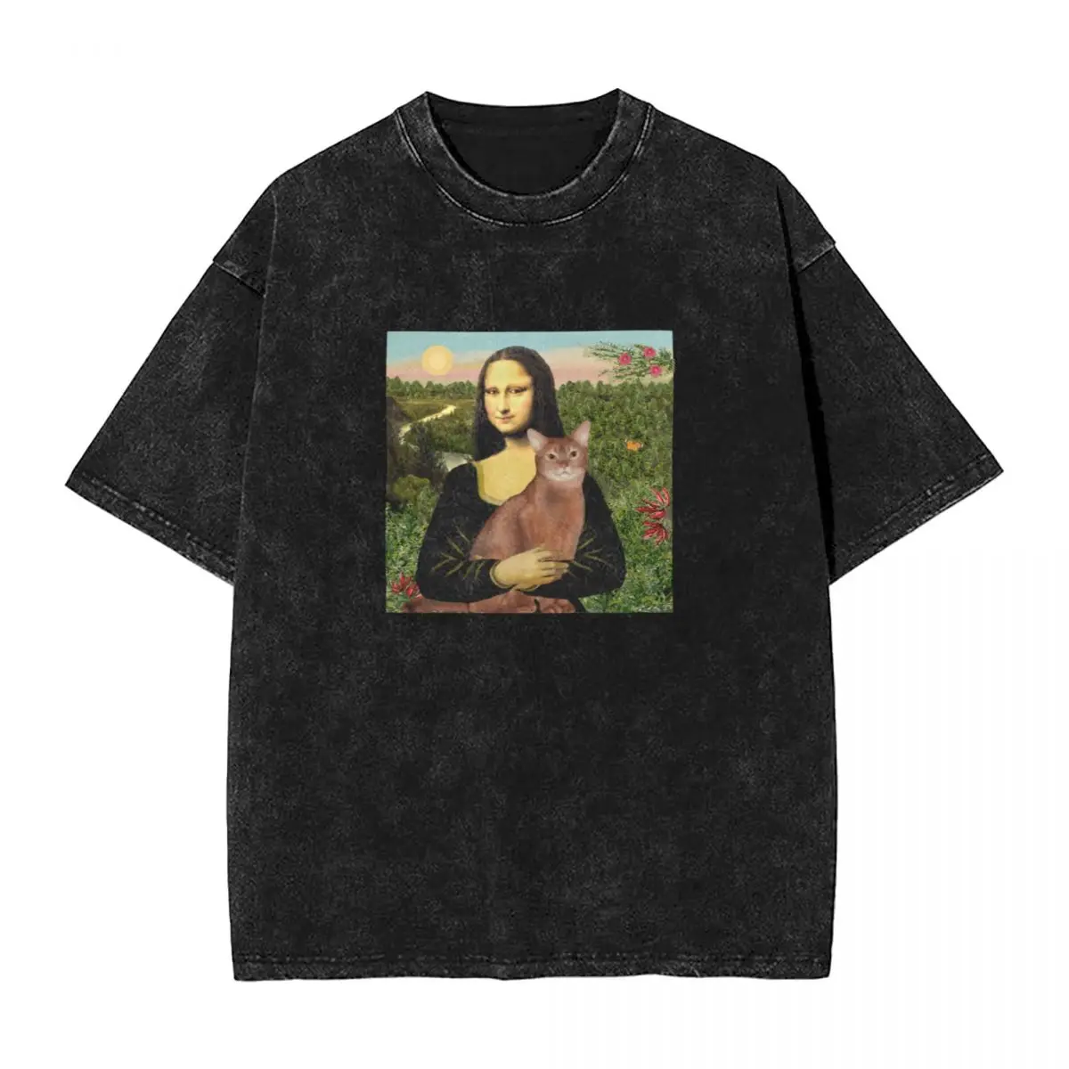 

Футболка мужская Мона Лиза и ее бездушная, стираемая Повседневная рубашка с принтом кошки, смешная Мона Лиза Y2K, летняя футболка с круглым вырезом в стиле хиппи