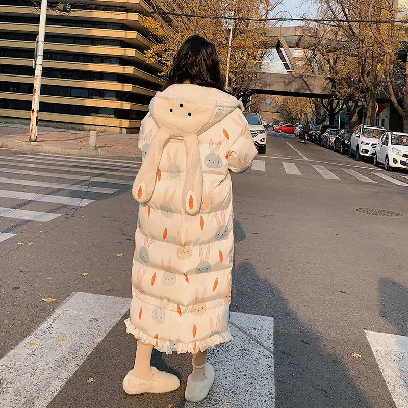 

Winter New Cute Rabbit Ears Cotton Padded Women Long Coat Thick Fishtail Loose Clothes Animal Print