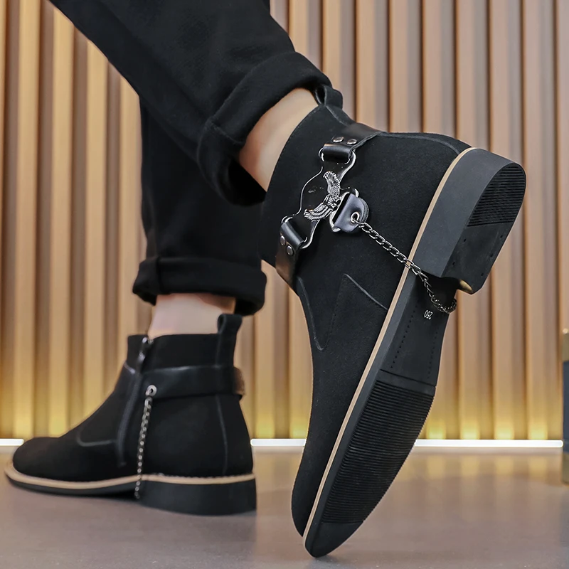 Men's Retro Classical Chelsea Boots Suede Leather Men Fashion Side Zipper Ankle Boots Casual Short Boots Handmade High-Top Shoes