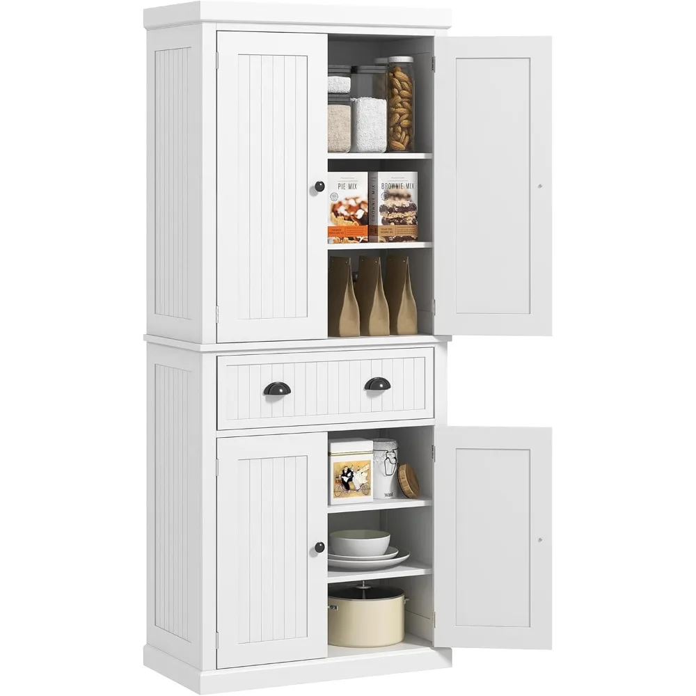 72" Kitchen Pantry Storage Cabinet, Traditional Freestanding Cupboard with 4 Doors and 3 Adjustable Shelves
