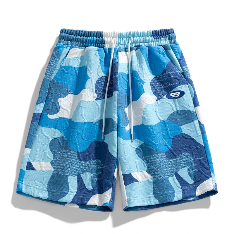 Summer Men's Elastic High Waisted Geometric Gradient Camouflage Printed Pockets Casual Trousers Beach Shorts Drawstring Pants