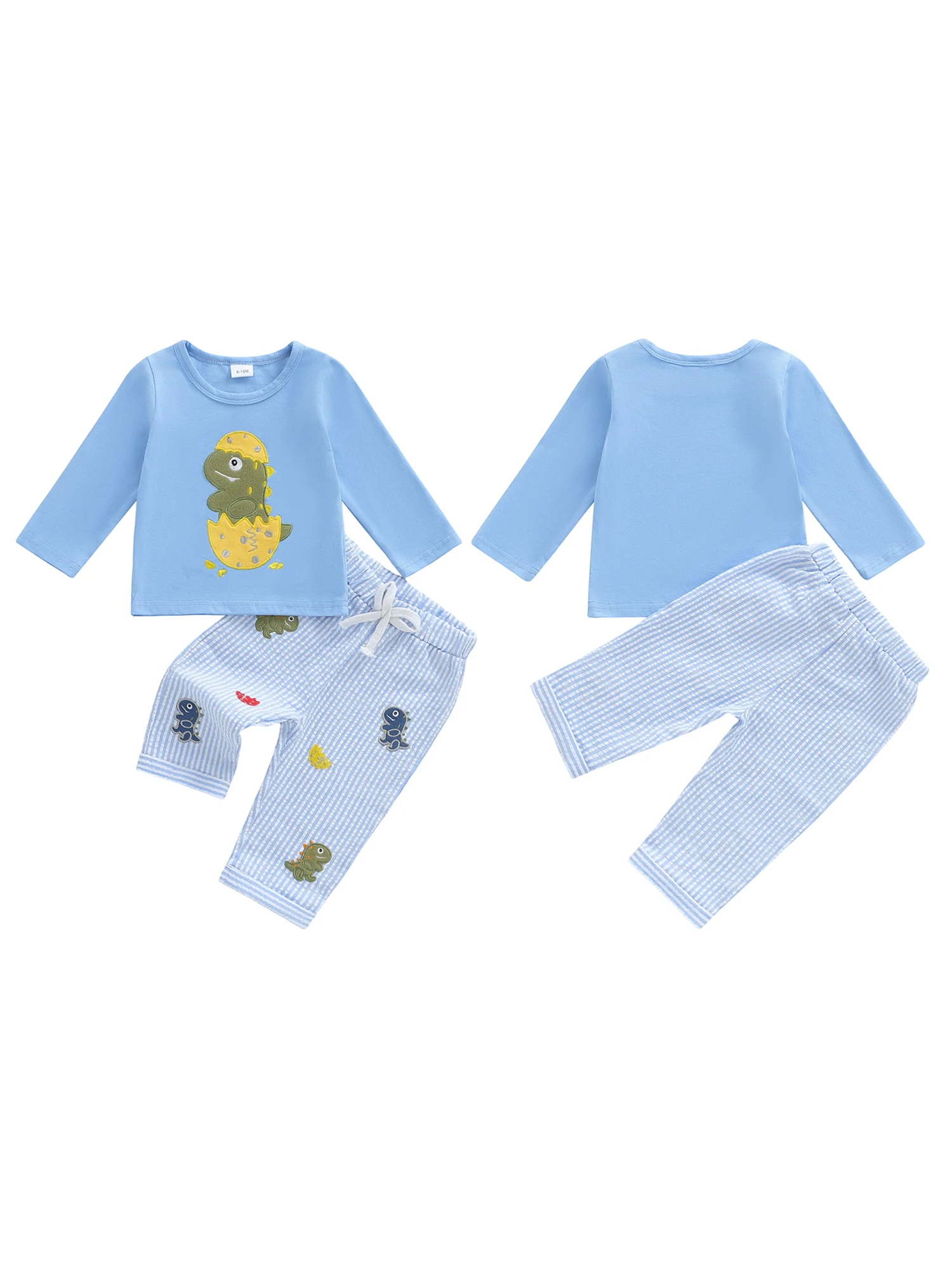Cute Toddler Boy Autumn Clothes Dino Embroidery Sweater Striped Pants Set with Elastic Waistband for Playtime
