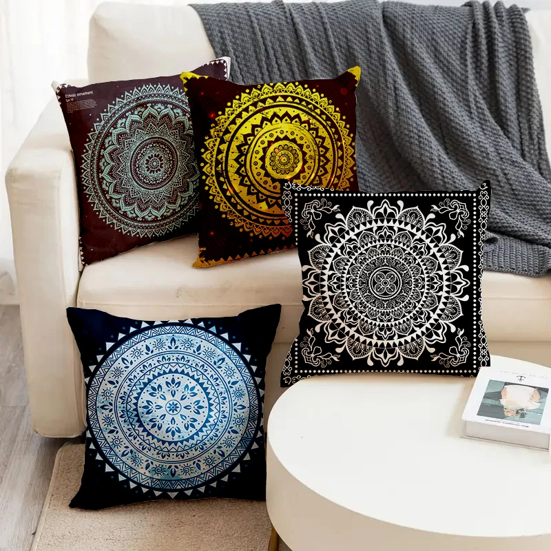 

4 Color Styles Circular Pattern Printed Soft Square Pillowslip Linen Blend Cushion Cover Pillowcase Living Room Home Decor