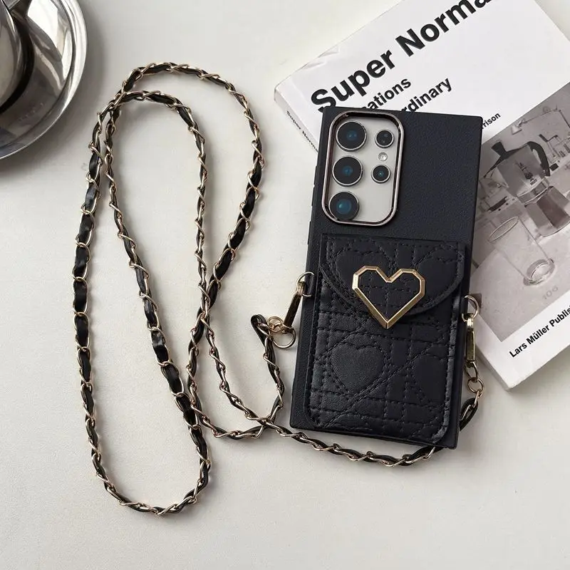 Elegant Heart Leather Wallet Phone Case with Chain Lanyard - Versatile Soft Cover