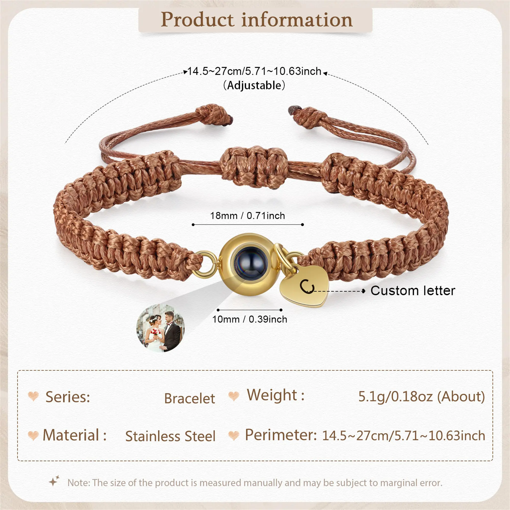 Mother's Day Gift Custom Photo Projection Beaded Adjustable Braid Bracelets Personalized Letter Heart Pendant Bracelet