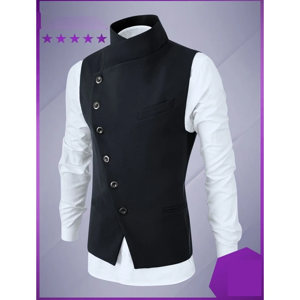 High-end Vest Male Black Fashion Stand Collar Single Breasted Waistcoat Smart Casual Groom Wedding Slim Fit Sleeveless Top 2023 3
