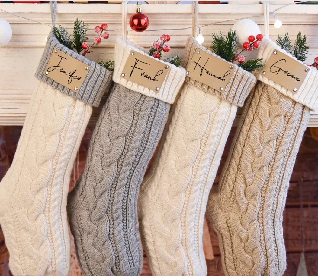 Gepersonaliseerde kerstsok, lederen patch kerstsokken, aangepaste familie  gebreide kerstsokken met lederen patch - AliExpress, image size:1053x916