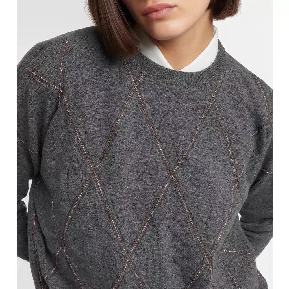 

Autumn and Wintwe New Women Diamond Sequined Gray Pure Wool Pullover Sweater