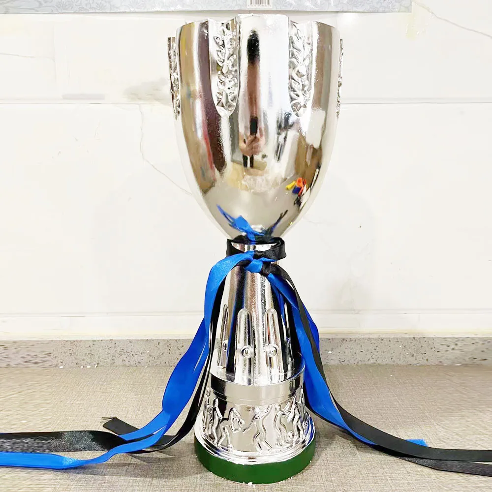 Fubosi Trophy Champion Artwork Sport League Cup Replica Resins Football  Fans Souvenir Collectibles Office Decorations Trophy Silver/Blue Ribbon,15cm