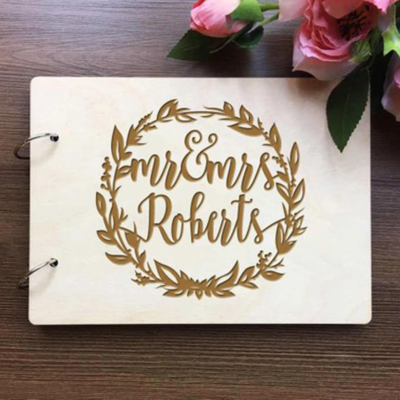 Personalized Engraved Wooden Guest Book,Floral Wedding Decor,Engagement Guestbook,Photo Books, Wreath Signature Book