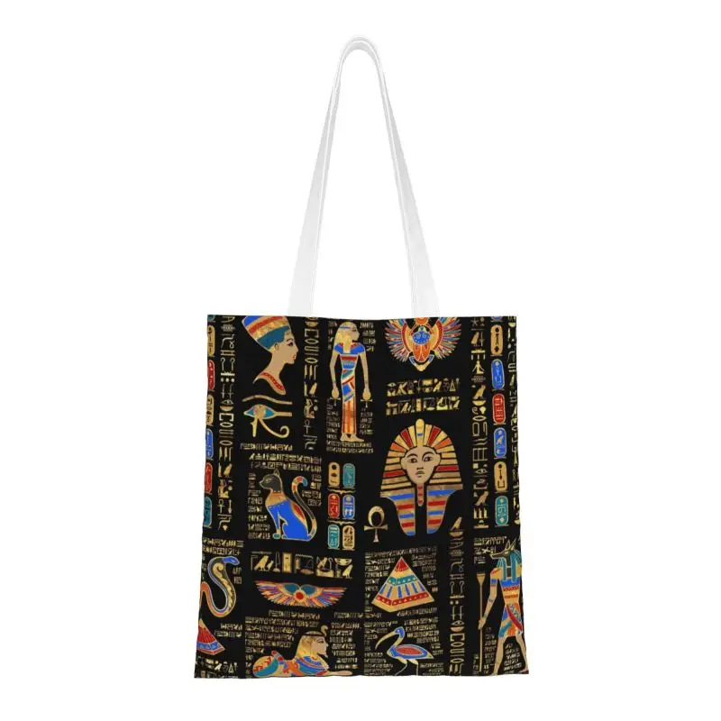

Kawaii Egyptian Hieroglyphs And Deities God Shopping Tote Bag Reusable Ancient Egypt Pharaoh Canvas Grocery Shopper Shoulder Bag