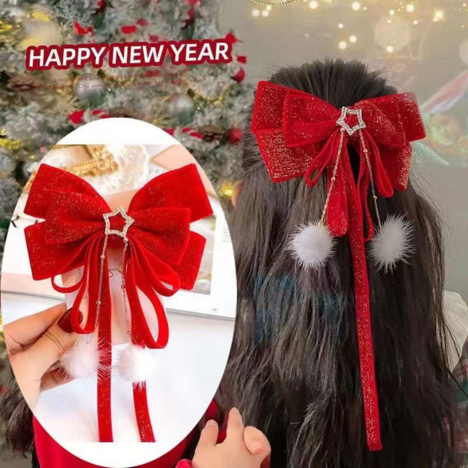 1PC Red Velvet Bow Hair Clip, Star Rhinestone Tassel Fluffy Pom Pom Design, Elegant Long Ribbon Hair Accessory for Women